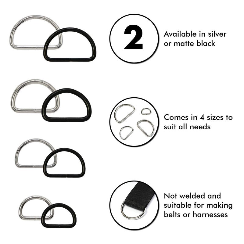 Millennial Essentials Metal D Ring Non Welded D-Rings Electroplated Black Assorted 0.5 Inch, 0.75 Inch, 1 Inch, 1.25 Inch (100 Pack) - Image 2